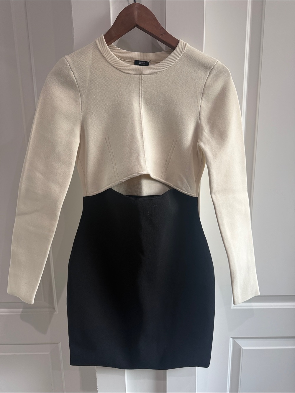 Express Cream and Black Long Sleeve Cutout Bodycon Dress